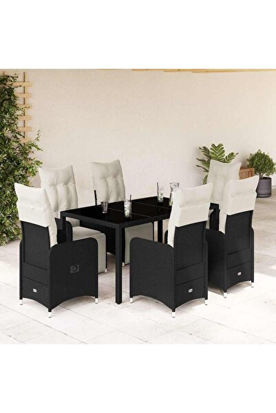 vidaxl Set bistro de gradina, 7 piese, cu perne, negru, poliratan