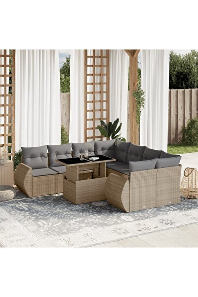 vidaxl Set canapele de gradina, 9 piese, cu perne, bej, poliratan