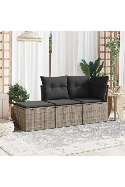 vidaxl Set canapea de gradina cu perne, 3 piese, gri, poliratan