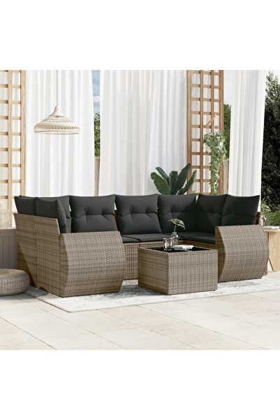 vidaxl Set canapele de gradina, 7 piese, cu perne, gri, poliratan