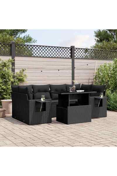 vidaxl Set canapele de gradina cu perne, 7 piese, negru, poliratan