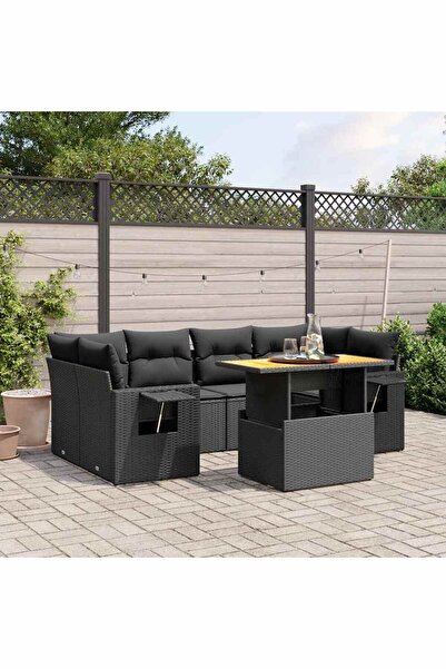 vidaxl Set canapele de gradina cu perne, 7 piese, negru, poliratan