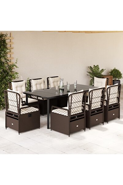 vidaxl Set mobilier de gradina cu perne, 9 piese, maro, poliratan