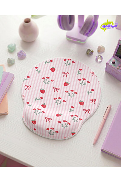 matizya Çilek Çiçek ve Kurdele Desenli Bilek Destekli Mouse Pad Ergonomik Jel...