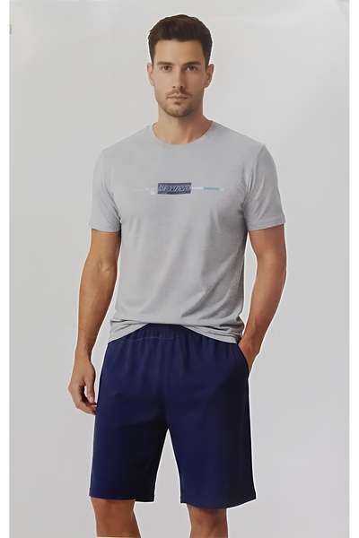 Sude Men's Gray Navy Blue Short Sleeve Shorts Pajama Set