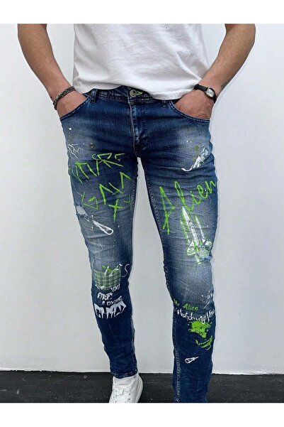 HerTon Pantaloni skinny din Lycra, albaștri, cu imprimeu graffiti, pentru băr...
