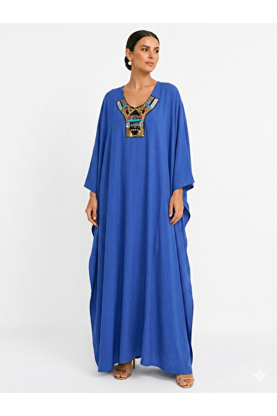 Marever Fashion Bohem Şıklık: Saks Mavi Yakası Taş İşlemeli Salaş Kaftan Elbise