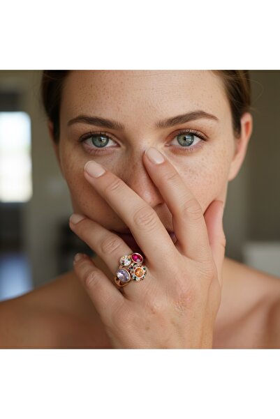 COCOSH TAKI Gold color fuchsia pink orange stone adjustable stylish ring