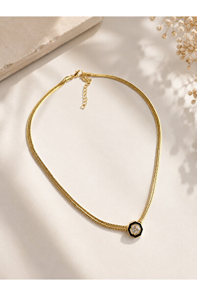 PORSE Xuping Serenay Sarıkaya Leyla Black Enamel Crystal Stone Straw Necklace - 37 cm + 5 cm Does Not Tarnish