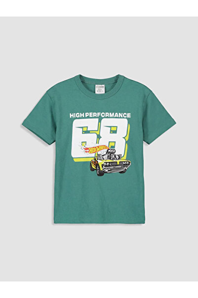 LC Waikiki Green Crew Neck Hot Wheels Printed Boys' T-Shirt