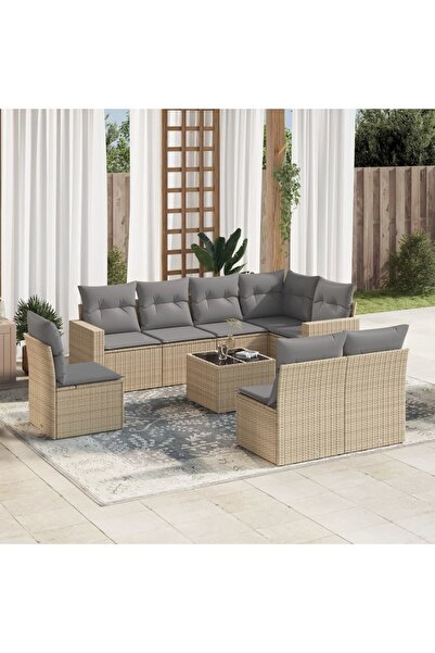 vidaxl Set canapele de gradina, 9 piese, cu perne, bej, poliratan