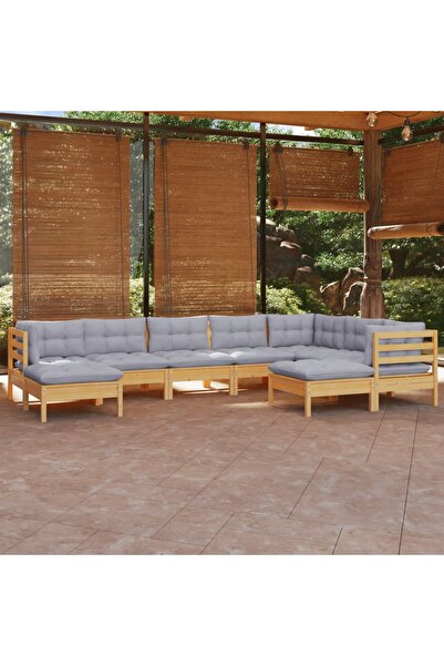 vidaxl Set mobilier de gradina cu perne gri, 9 piese, lemn masiv pin