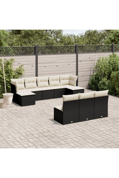 vidaxl Garden sofa set with cushions, 10 pieces, black, polyrattan