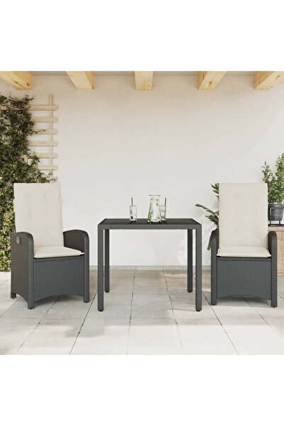 vidaxl Garden furniture set with cushions, 3 pieces, black, polyrattan