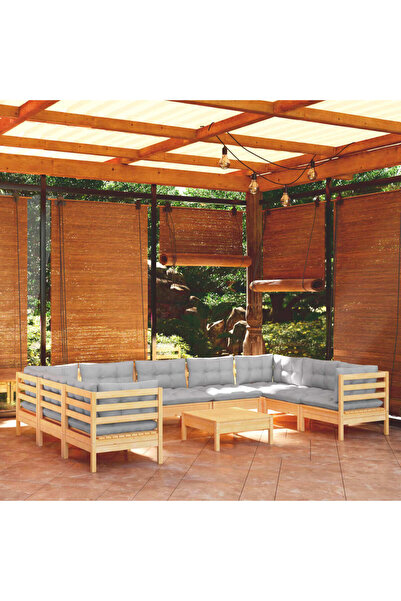 vidaxl Set mobilier de gradina cu perne gri 10 piese lemn masiv de pin