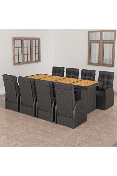 vidaxl Set mobilier de gradina cu perne, 9 piese, negru, poliratan