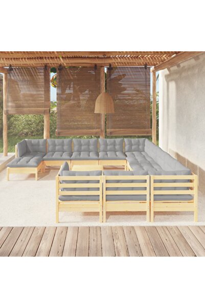 vidaxl Set mobilier gradina cu perne, 13 piese, gri, lemn de pin