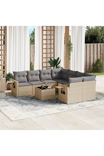 vidaxl Garden sofa set, 9 pieces, with cushions, beige, polyrattan