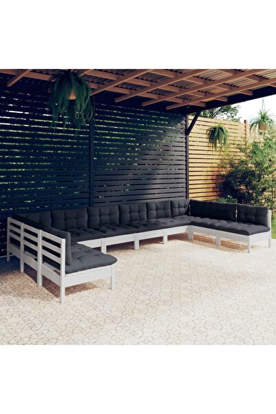 vidaxl Set mobilier de gradina cu perne, 10 piese, alb lemn masiv pin