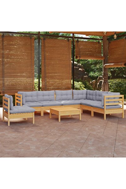 vidaxl Set mobilier de gradina cu perne gri, 8 piese, lemn masiv pin