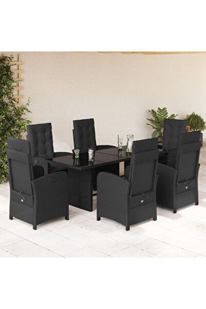 vidaxl Garden furniture set with cushions, 7 pieces, black, polyrattan