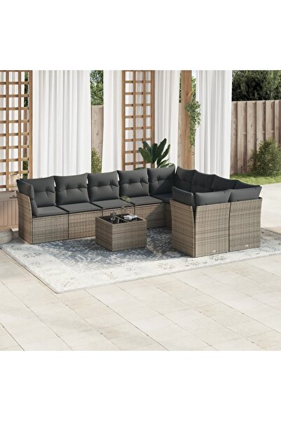 vidaxl Garden furniture set with cushions, 10 pieces, grey, polyrattan