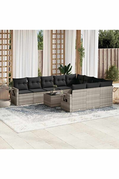 vidaxl Garden sofa set with cushions, 11 pieces, grey, polyrattan