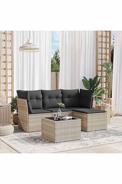 vidaxl Garden sofa set with cushions, 5 pieces, light grey, polyrattan