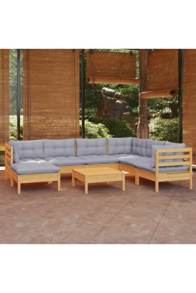 vidaxl Garden furniture set with gray cushions, 8 pieces, solid pine wood