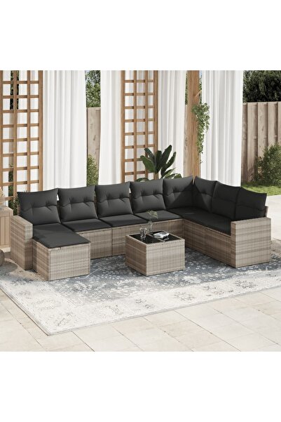 vidaxl Garden sofa set with cushions, 9 pieces, light grey, polyrattan