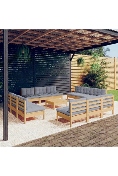 vidaxl Set mobilier gradina cu perne, 13 piese, gri, lemn de pin