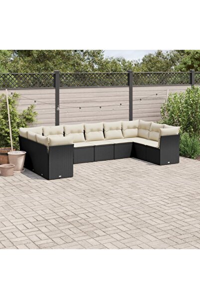 vidaxl Garden sofa set with cushions, 10 pieces, black, polyrattan