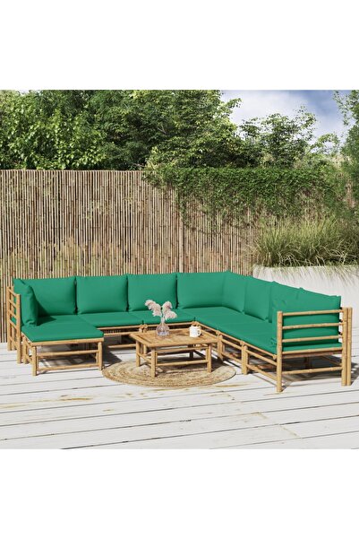Concept Set mobilier de grădină cu perne verzi, 9 piese, bambus