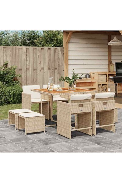 vidaxl Set de masa pentru gradina, 9 piese, cu perne, bej, poliratan