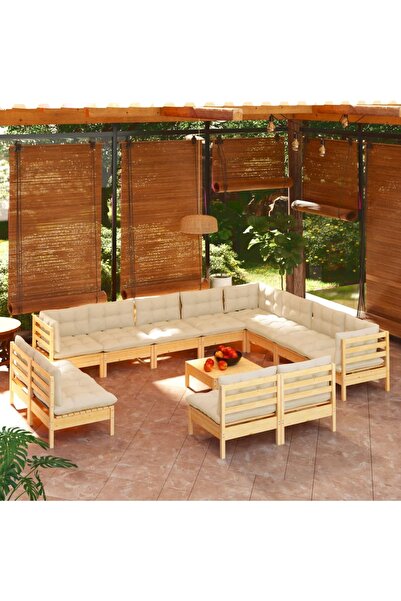 vidaxl Set mobilier gradina cu perne crem, 13 piese, lemn masiv de pin
