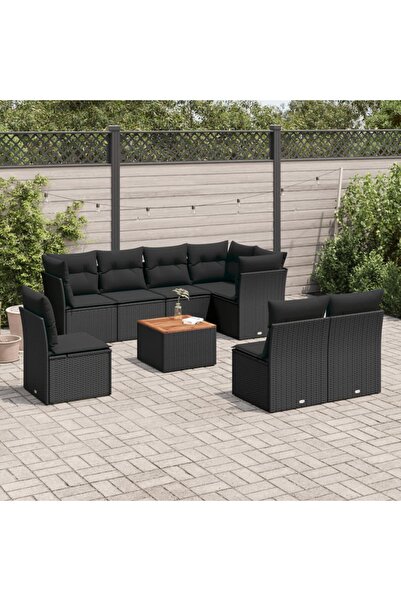 vidaxl Set mobilier de gradina cu perne, 9 piese, negru, poliratan