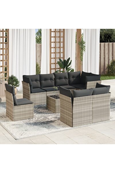 vidaxl Garden sofa set with cushions, 9 pieces, light grey, polyrattan