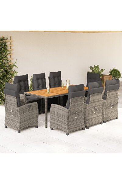 vidaxl Garden furniture set with cushions, 9 pieces, grey, polyrattan