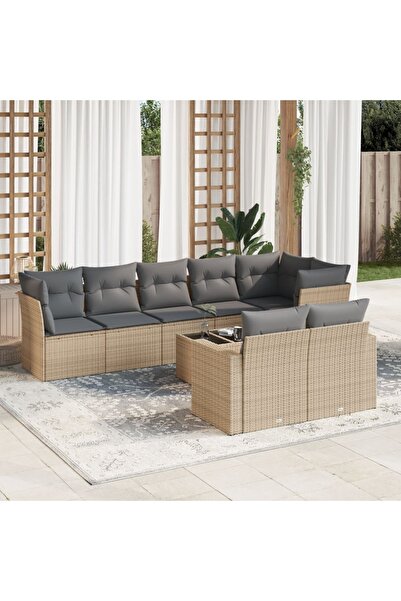 vidaxl Set canapele de gradina, 9 piese, cu perne, bej, poliratan