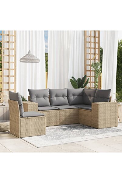 vidaxl Garden sofa set with cushions, 5 pieces, beige, polyrattan