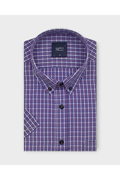 KAMER Men's Regular Fit Short Sleeve Buttoned Collar Plaid Purple Shirt 9573Mor