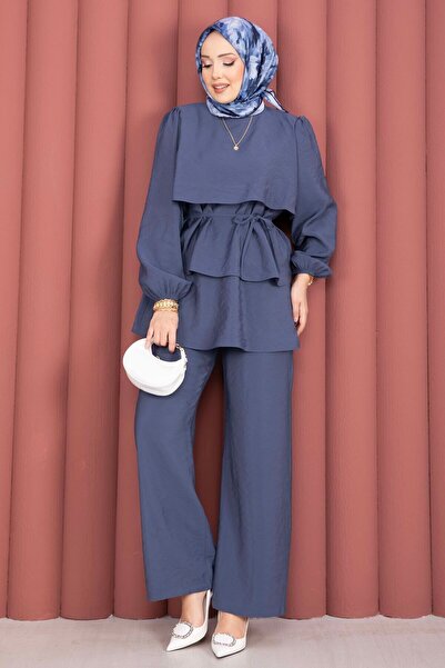 EBRUTESETTÜR Layered Lace Detailed Double Hijab Set Indigo