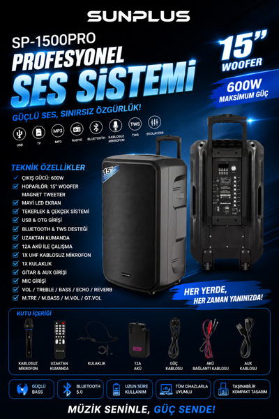 sunplus | SP-1500PRO | 600W RMS | Profesyonel Taşınabilir Bluetooth Hoparlör ...