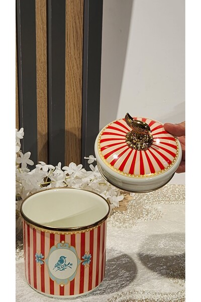 zaTen Pazar Emaye 15cm Large Jar with Bird Pattern