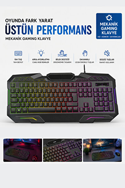 CROW'S TECH Oyuncu Klavye RGB Işıklı Mekanik Hisli Gaming Klavye Sessiz Tuşlu USB Oyuncu Klavyesi 104 Tuş