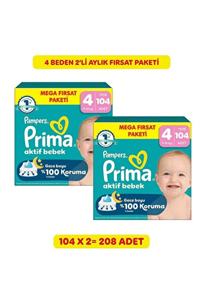 Prima Aktif Bebek Mega Fırsat Paketi 4 Numara 104'lü 2 Paket (208 Adet) Bebek...