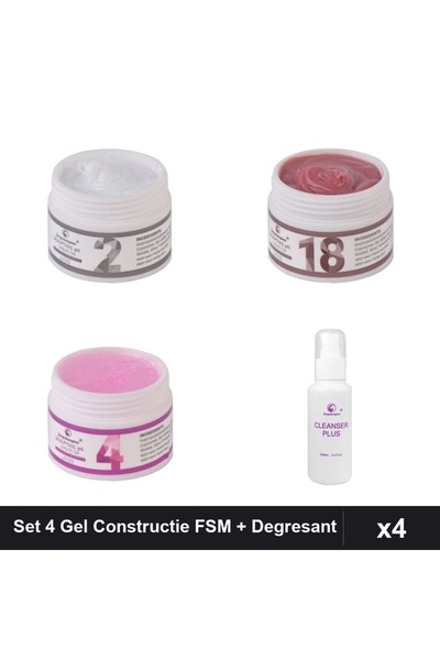 Makeup Set 4 Gel Constructie UV LED FSM 15g, Nuante 02 04 18 + Degresant 100ml
