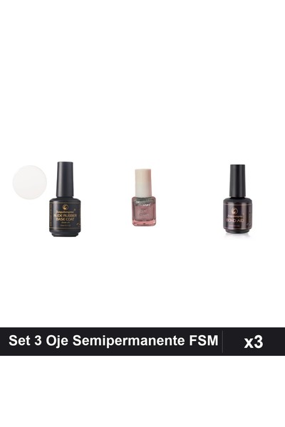 Makeup Set 3 Oje Semipermanente FSM, Rubber Base Nude, Stamp Argintie, Manich...
