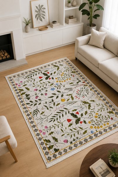 HALISHOP Flower Kaymaz Taban Makinede Yıkanabilir Dijital Baskılı Yolluk Halı...