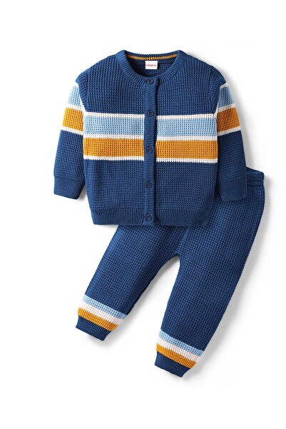 Babyhug Knitted Full Sleeves Front Open Sweater Set - Navy Blue